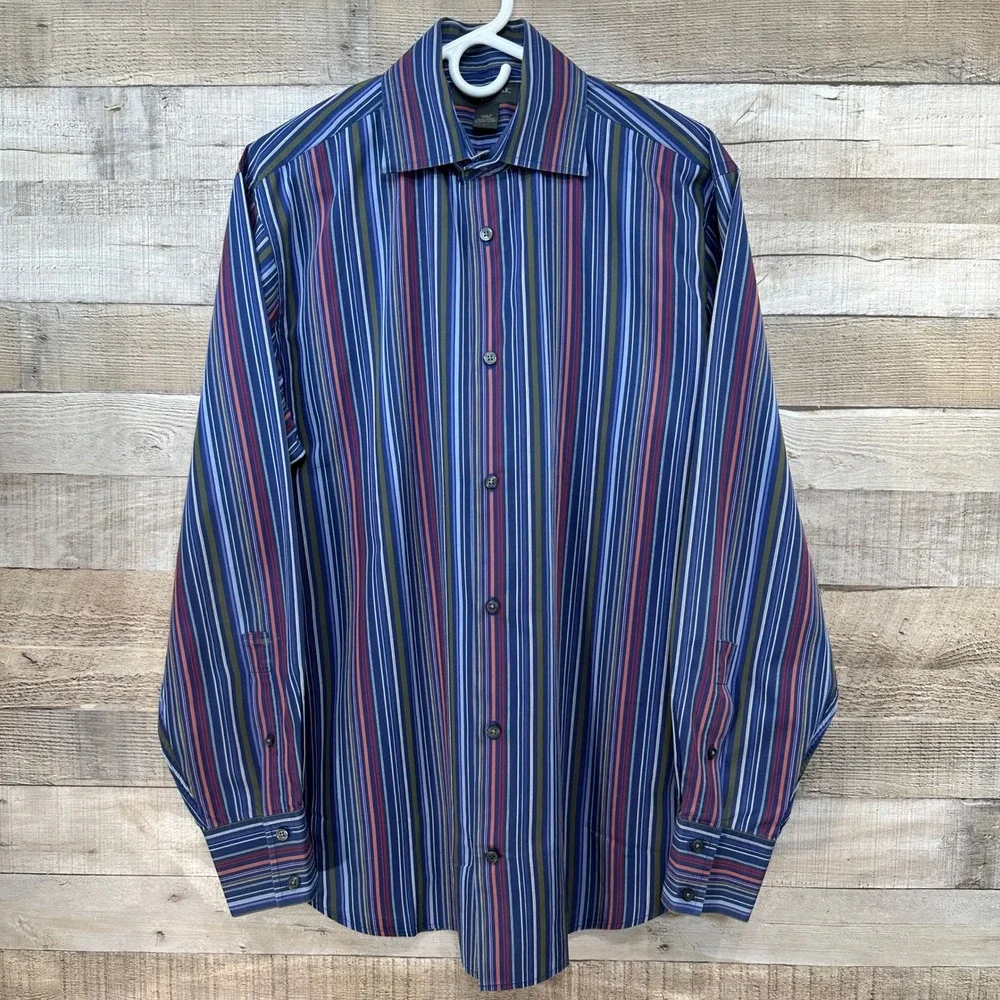 Banana Republic Mens Navy Red Green Stripe Button Up Dress‎ Shirt Large Cotton
